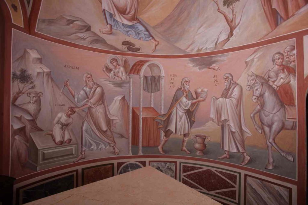 Фрагменты фрески в северной апсиде: Авраам и Исаак, Авраам и Мелхиседек