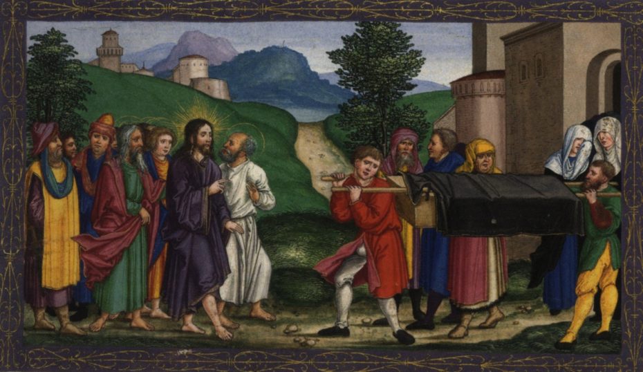 Auferweckung des Jünglings zu Nain, Lk 7,11-17, um 1530-1532, Ottheinrich-Bibel, Bayerische Staatsbibliothek, Cgm 8010