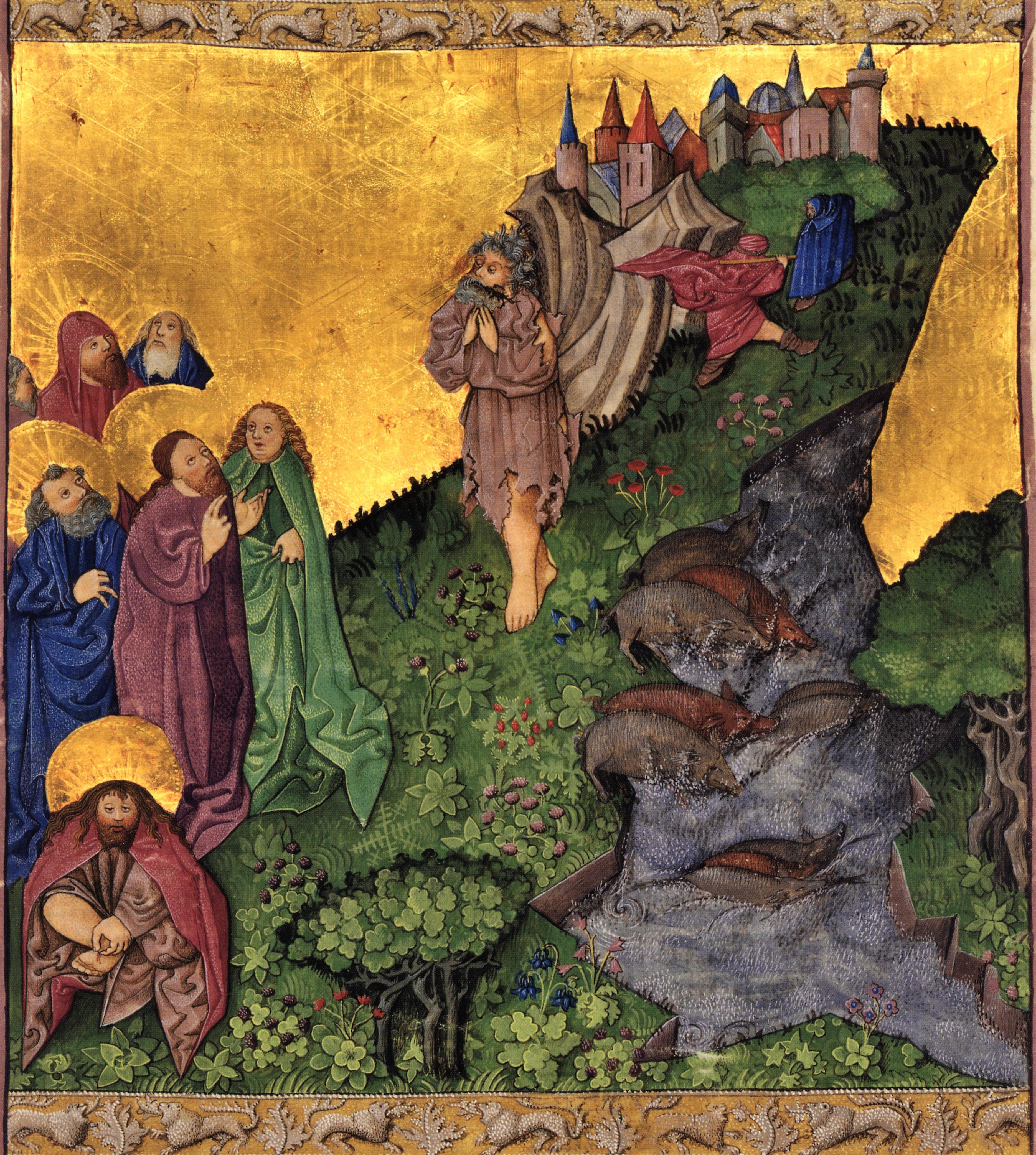 ealing of the demon-possessed, Mk 5:1-20. Ottheinrich-Bibel, Bayerische Staatsbibliothek, Cgm 8010