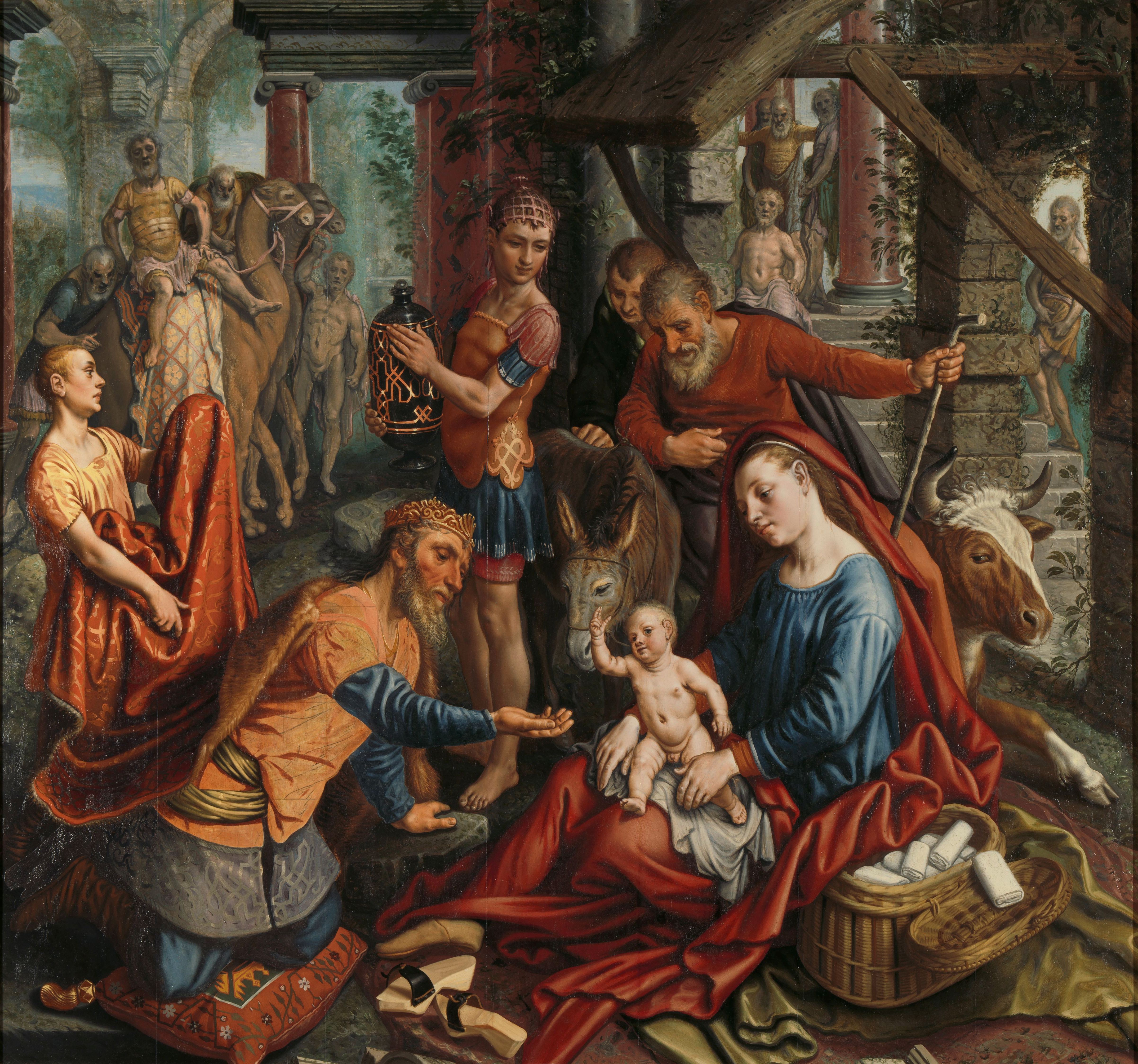 The Adoration of the Magi, Pieter Aertsen, c. 1560 oil on panel, h 167.5cm × w 180cm × w 62kg More details This altarpiece, which originally had two wings, is dedicated to the adoration of the newborn baby Jesus by the three magi, each of whom was represented on one of the panels. This centre panel depicts only the oldest king.