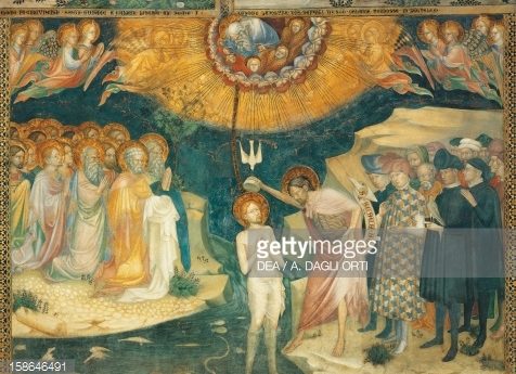 Baptism of Christ, scene from Stories of John Baptist, 1416, by Lorenzo Salimbeni (1374- ca 1420) and Jacopo Salimbeni (active from ca 1404-died after 1427), fresco, Oratory of San Giovanni Battista, Marche, Italy, 15th century