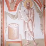 Фрагмент фрески в южной апсиде: апостол Павел со свитком послания к Римлянам; в корзине – свитки остальных посланий