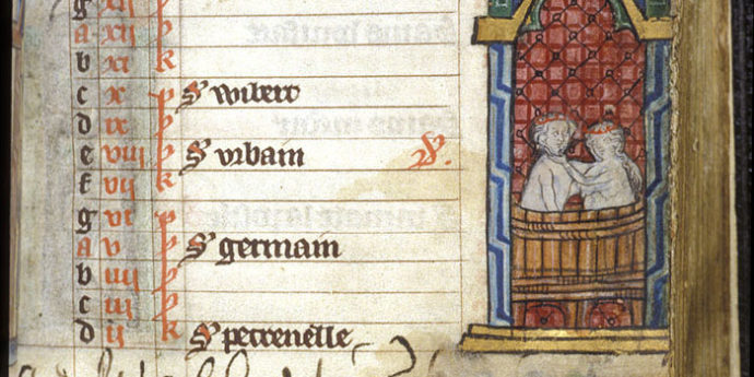 Calendar page from the month of May, with miniatures of a couple taking a bath and a bird holding a fish; from a book of hours (the 'Maastricht Hours'), the Netherlands (Liège), 1st quarter of the 14th century, Stowe MS 17, f. 7r.
