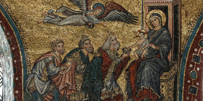 13th-century mosaic by Jacopo Torriti in the apse of the Basilica of Santa Maria Maggiore in Rome.

