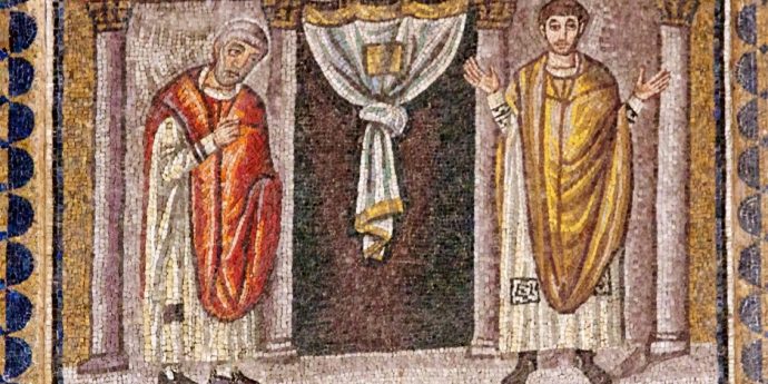 Мытарь и фарисей. Мозаика в Равенне (ок. 480 г.)